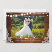 Rustic Wedding Wood Lights Lace Foto Vielen Dank Dankeskarte (Vorderseite)