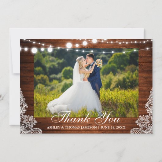 Rustic Wedding Wood Lights Lace Foto Vielen Dank Dankeskarte (Vorderseite)