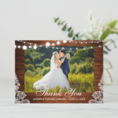 Rustic Wedding Wood Lights Lace Foto Vielen Dank Dankeskarte (Stehend Vorderseite)