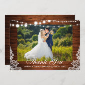 Rustic Wedding Wood Lights Lace Foto Vielen Dank Dankeskarte (Vorne/Hinten)