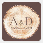 Rustic Wedding Wood Slice Custom Monogram Quadratischer Aufkleber (Vorderseite)