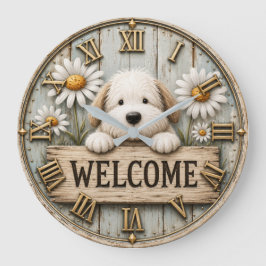 Rustic Welcome Puppy with Daisies Farmhouse Große Wanduhr
