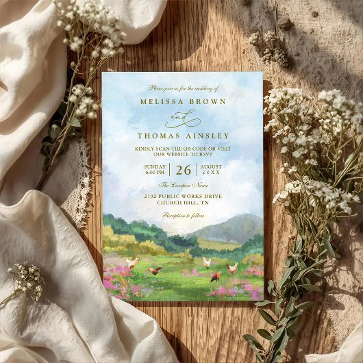Rustic Western Barn Countryside QR Code Wedding Einladung