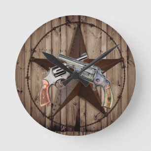 Rustic Western Country Texas Star Cowboy Pistolen Runde Wanduhr