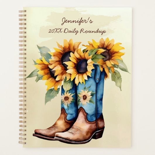 Rustic Western Cowboy Boots & Sunflowers Planer (Vorderseite)