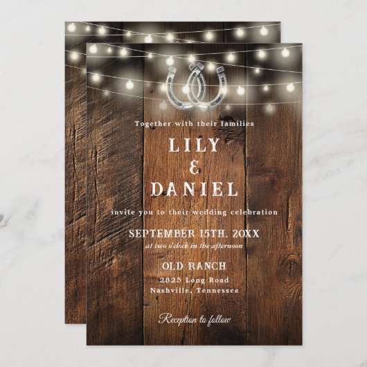 Rustic Western Horseshoes String Lights Wedding Einladung (Vorne/Hinten)