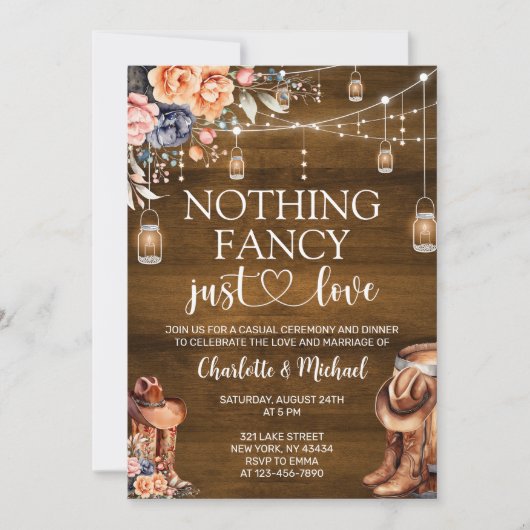 Rustic Western Nothing Fancy Just Love Wedding Einladung (Vorderseite)