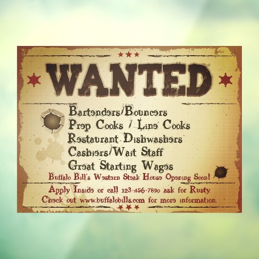 Rustic Western Restaurant Gewollt Hilfe anpassen Fensteraufkleber (Blatt 3)