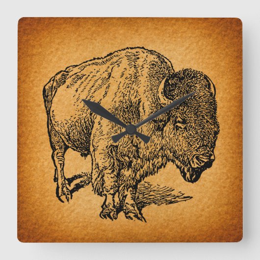 Rustic Western Wild Buffalo Bison Antique Art Quadratische Wanduhr (Vorderseite)