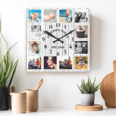 Rustic White Barn Wood Farmhouse 12 Photo Collage Quadratische Wanduhr