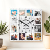 Rustic White Barn Wood Farmhouse 12 Photo Collage Quadratische Wanduhr