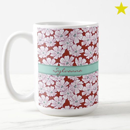 Rustic White Flowers Sketch Red Teal Custom Name Kaffeetasse
