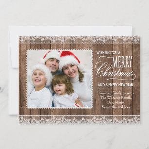 Rustic White Lace & Wood Christmas Flat Photo Card Feiertagskarte