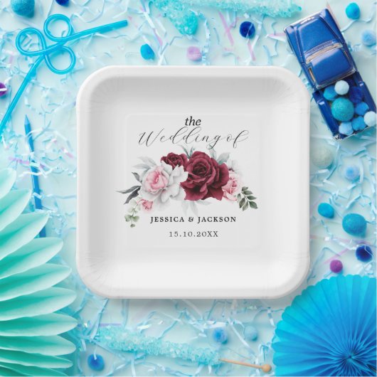Rustic White Maroon Rose Floral Wedding Pappteller (Party)