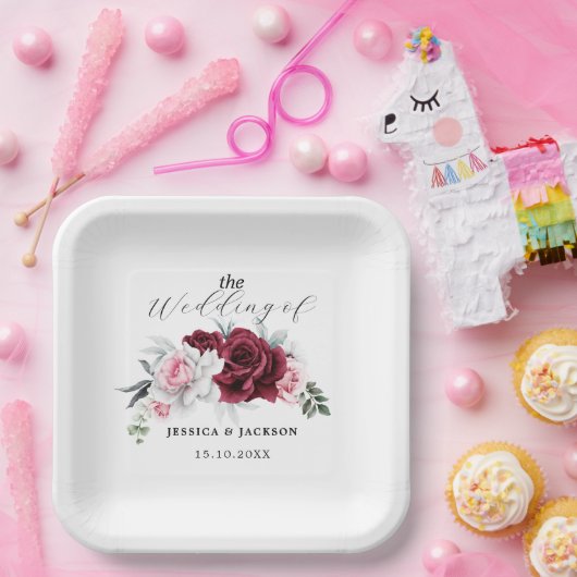 Rustic White Maroon Rose Floral Wedding  Pappteller (Party)