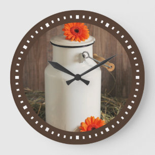 Rustic White Milk Jug with Flowers Große Wanduhr