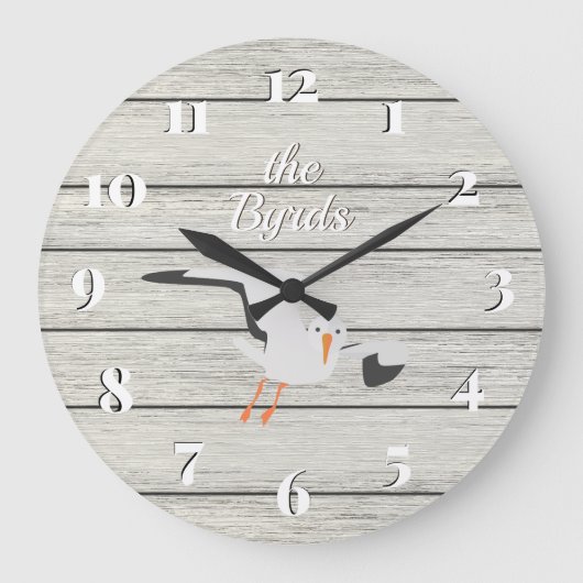 Rustic White Painted Board Coastal Seagull Große Wanduhr (Vorderseite)