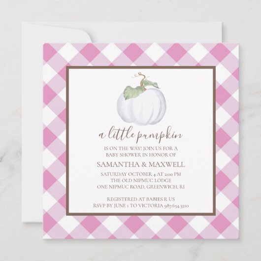Rustic White Pumpkin and Gingham Baby Shower Einladung (Vorderseite)