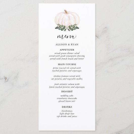 Rustic White Pumpkin Wedding Menus Menükarte (Vorderseite)