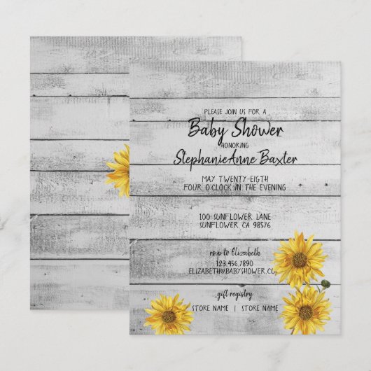 Rustic White Wood Sunflowers Baby Showcard Einladung (Vorne/Hinten)