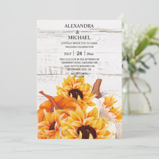 Rustic White Wood Watercolor Pumpkin Sunflower Einladung (Stehend Vorderseite)