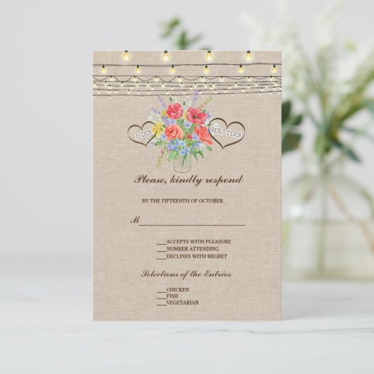 Rustic Wild Blume Burlap Wedding RSVP (Stehend Vorderseite)