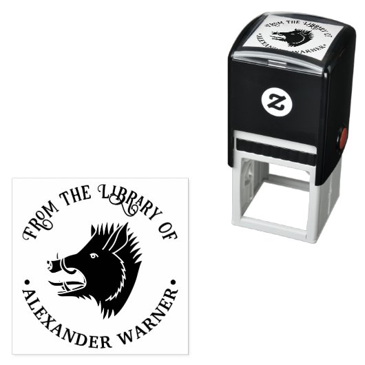 Rustic Wild Boar Head Round Library Name Permastempel (Beispiel)