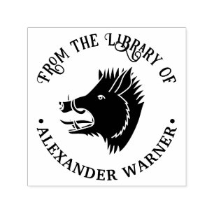 Rustic Wild Boar Head Round Library Name Permastempel