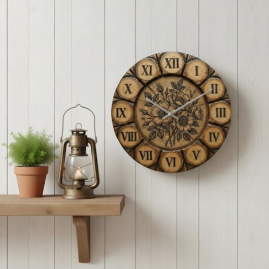 Rustic Wild Rose Wall Clock | Wood-Look Farmhouse  Große Wanduhr