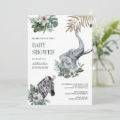 Rustic Wild Safari Zebra and Elephant Baby Shower Einladung (Stehend Vorderseite)