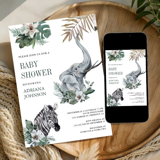 Rustic Wild Safari Zebra and Elephant Baby Shower Einladung