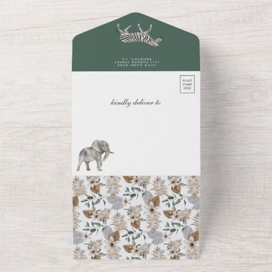 Rustic Wild Safari Zebra und Elephant Baby Shower All In One Einladung (Außenbereich)