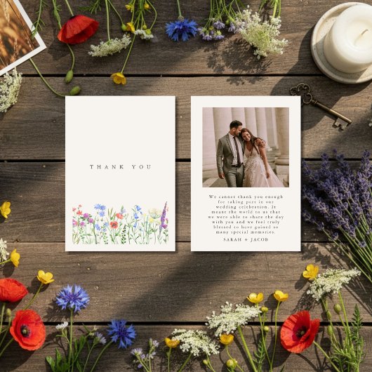Rustic Wildflower Meadow Wedding Photo Dankeskarte