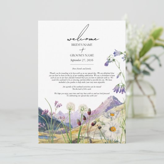 Rustic Wildflower Mountain Itinerary Wedding Programm (Stehend Vorderseite)