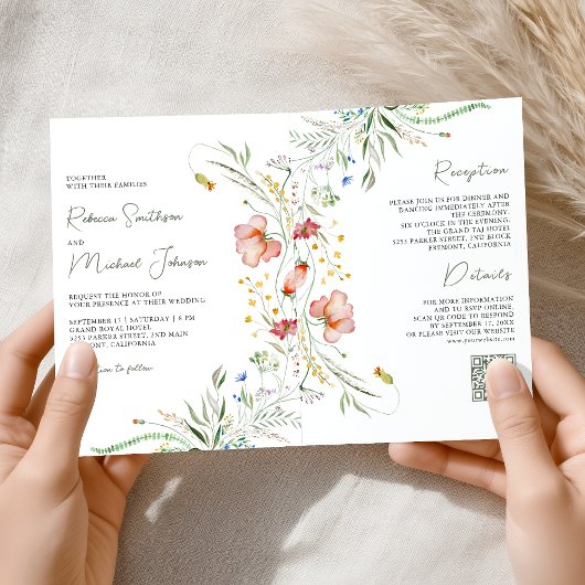 Rustic Wildflower Photo Collage QR Code Wedding Einladung