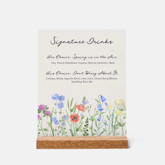 Rustic Wildflower Wedding Signature Drinks Acrylschild (Vorderseite)