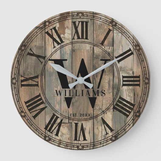 Rustic Williams Family Monogram Clock | Wood-Look  Große Wanduhr (Vorderseite)