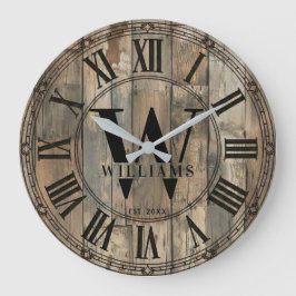 Rustic Williams Family Monogrammuhr | Holz-Optik  Große Wanduhr