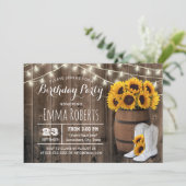 Rustic Wine Barrel Sonnenblume Cowgirl Geburtstag Einladung (Stehend Vorderseite)