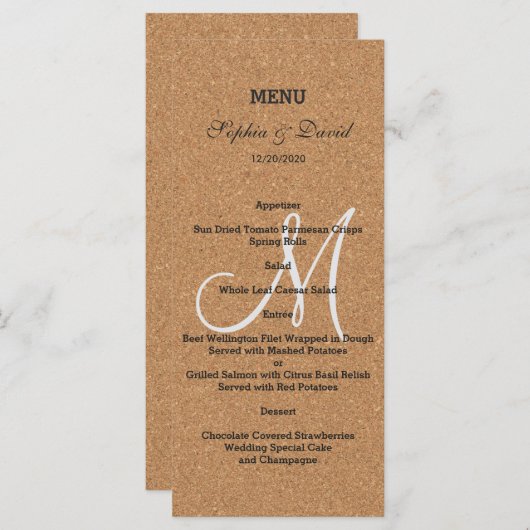 Rustic Wine Cork Wedding Monogram Menu Menükarte (Vorne/Hinten)