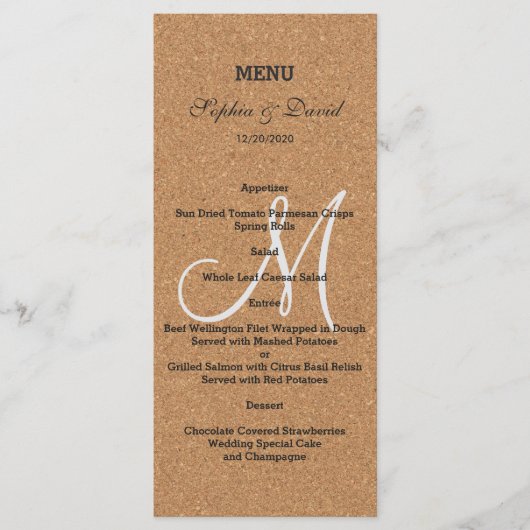 Rustic Wine Cork Wedding Monogram Menu Menükarte (Vorderseite)