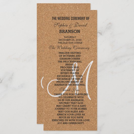 Rustic Wine Cork Wedding Monogram Programm (Vorne/Hinten)