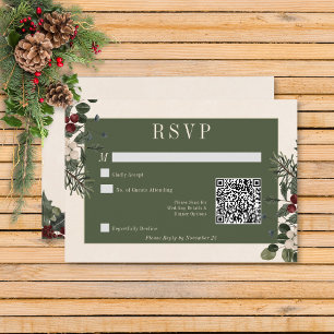 Rustic Winter Berries & Pine Cream QR-Code-Hochzei RSVP Karte