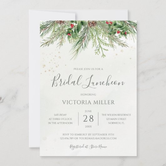 Rustic Winter Berry Pine Greenery Bridal Luncheon Einladung (Vorderseite)