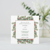 Rustic Winter Berry Pine Greenery Wedding Einladung (Stehend Vorderseite)