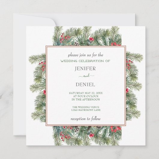 Rustic Winter Berry Pine Greenery Wedding Einladung (Vorderseite)