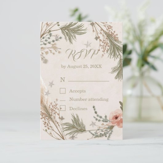 Rustic Winter Boho RSVP Card with Pine Branches Dankeskarte (Stehend Vorderseite)