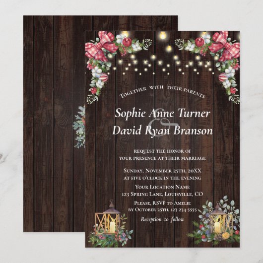 Rustic Winter Bouquet Gingham Bow Wood Wedding Einladung (Vorne/Hinten)