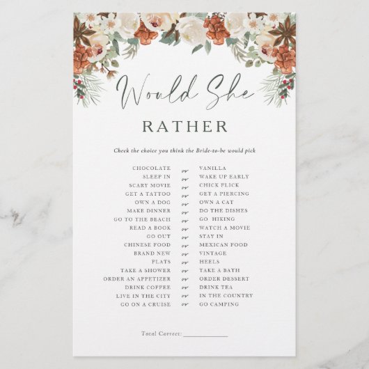Rustic Winter Bridal Shower Game Would She Rather (Vorderseite)