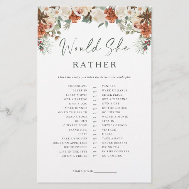 Rustic Winter Bridal Shower Game Would She Rather (Vorderseite)